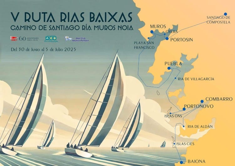 Cartel de la V Ruta Rias Baixas - Camino de Santiago en Barco en la que se ve una infografía de veleros sobre un mapa de las Rías Baixas gallegas
